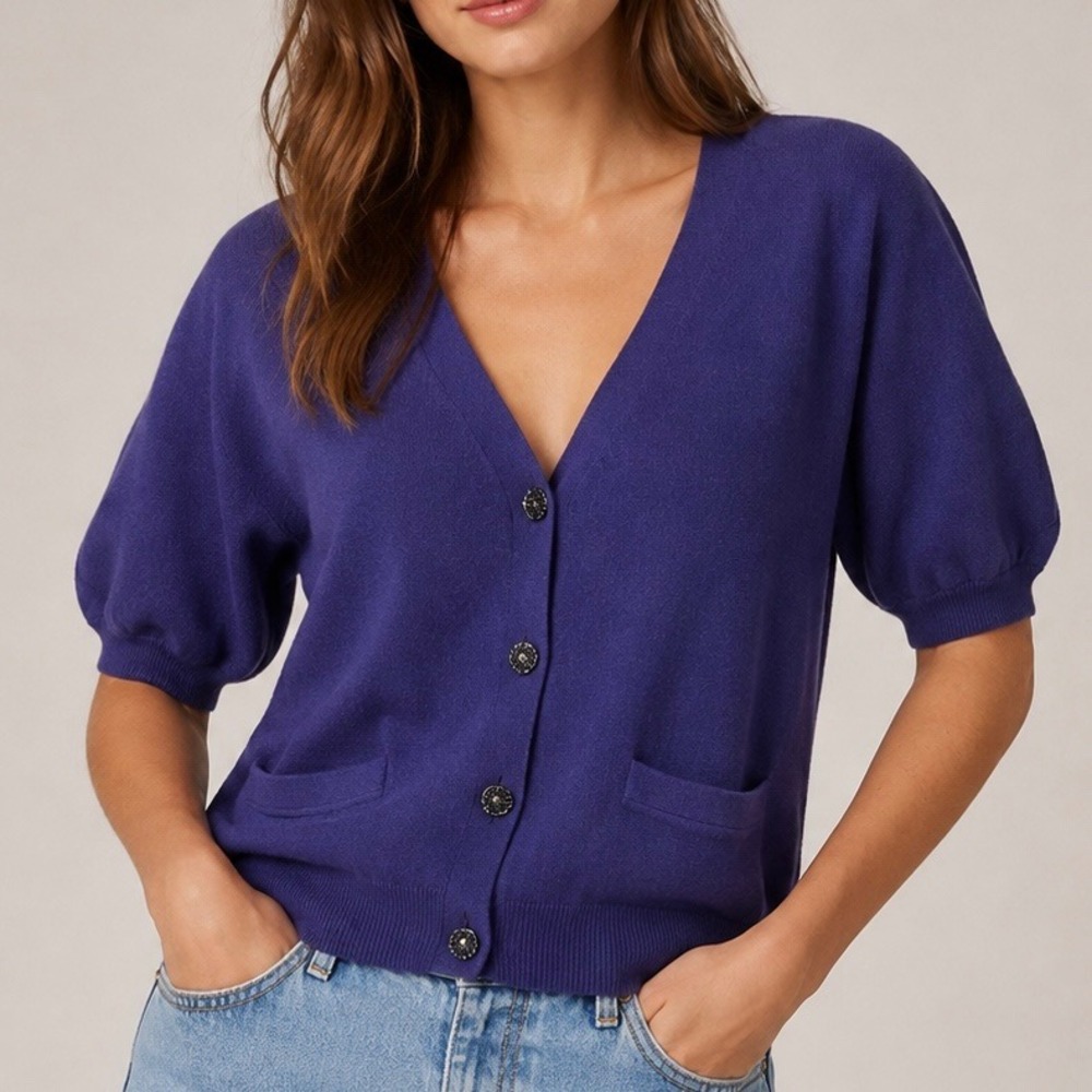 Talbots Purple Cashmere Angora Blend Short Sleeve V-Neck Cardigan Sweater S